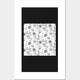 Black and White Mushroom Pattern Posters and Art